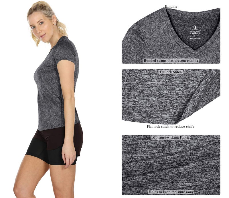 icyzone Workout Shirts Yoga Tops Activewear V-Neck T-Shirts for Women Running Fitness Sports Short Sleeve Tees (XXL, Charcoal/Red Bud/Pink) - Image 3